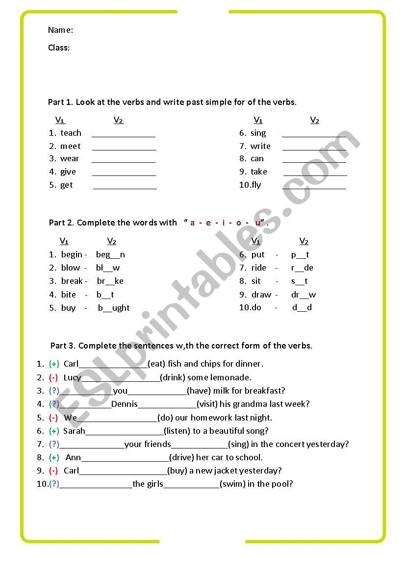 Irregular verb quiz worksheet