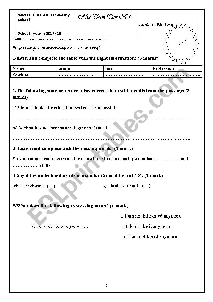 mid term test bac worksheet