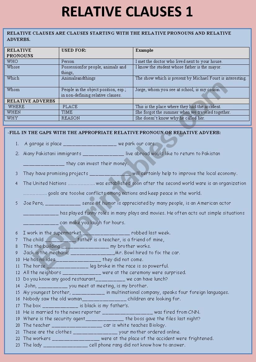 RELATIVE CLAUSES worksheet