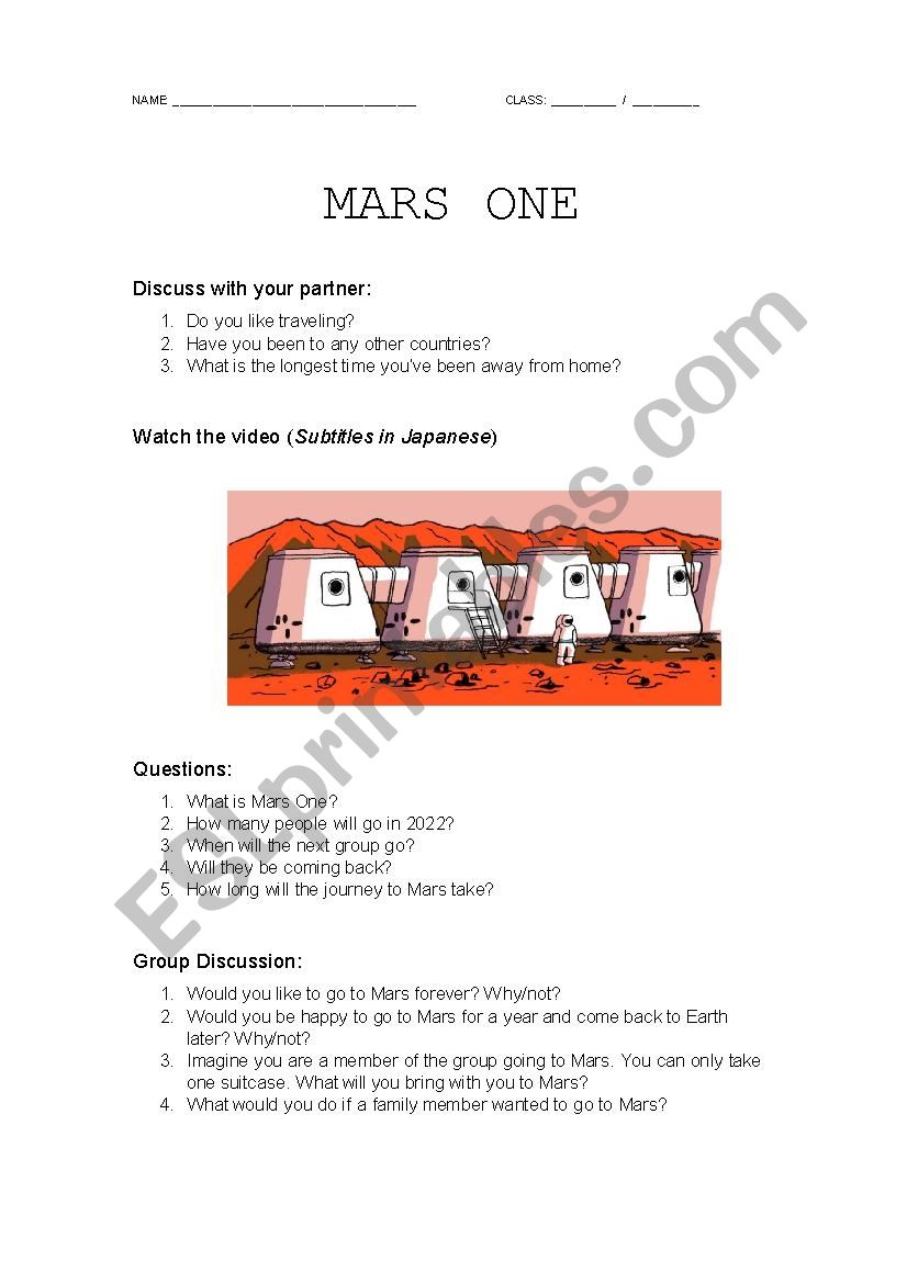 Mars One Discussion worksheet