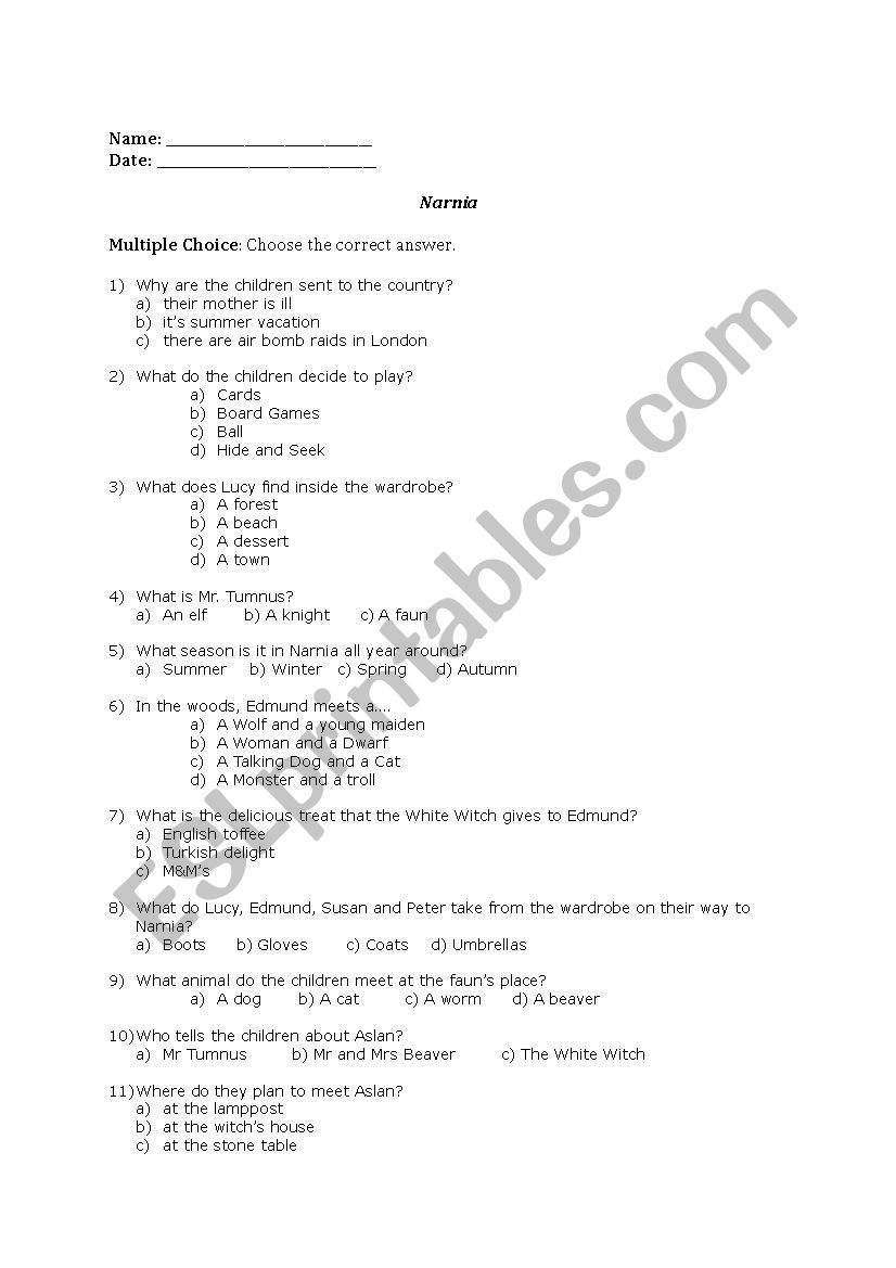 The Chronicles of Narnia worksheet