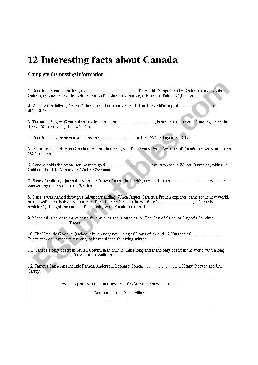 12 facts about Canada worksheet