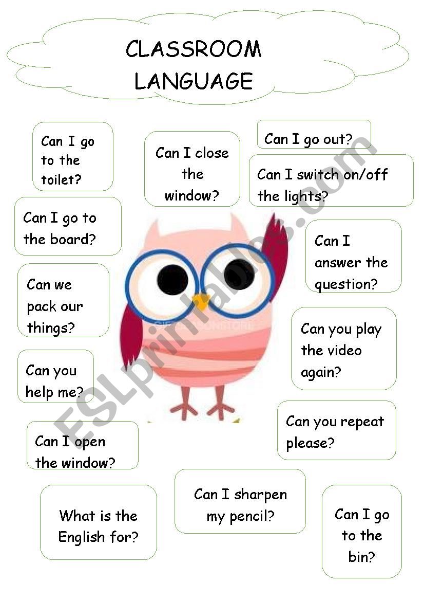 Owls designed English Classroom for students worksheet  2/2