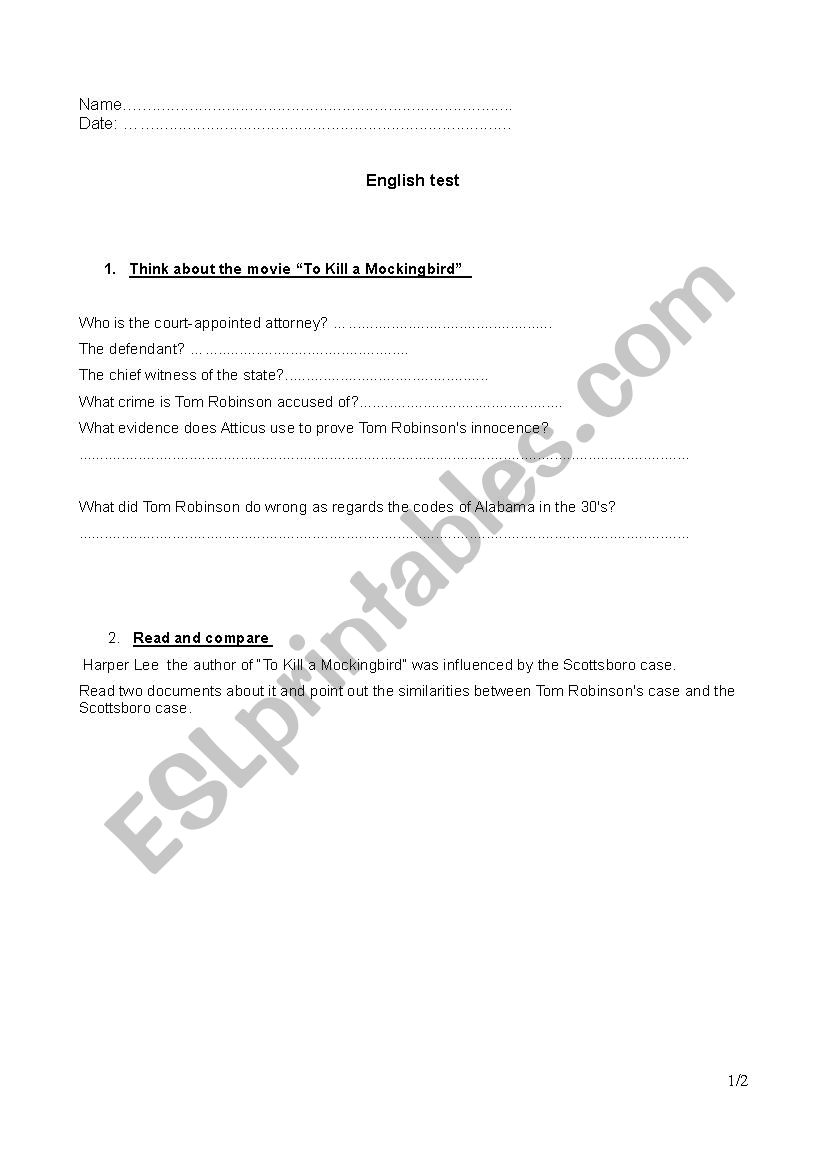 Test to Kill a Mocking Bird worksheet