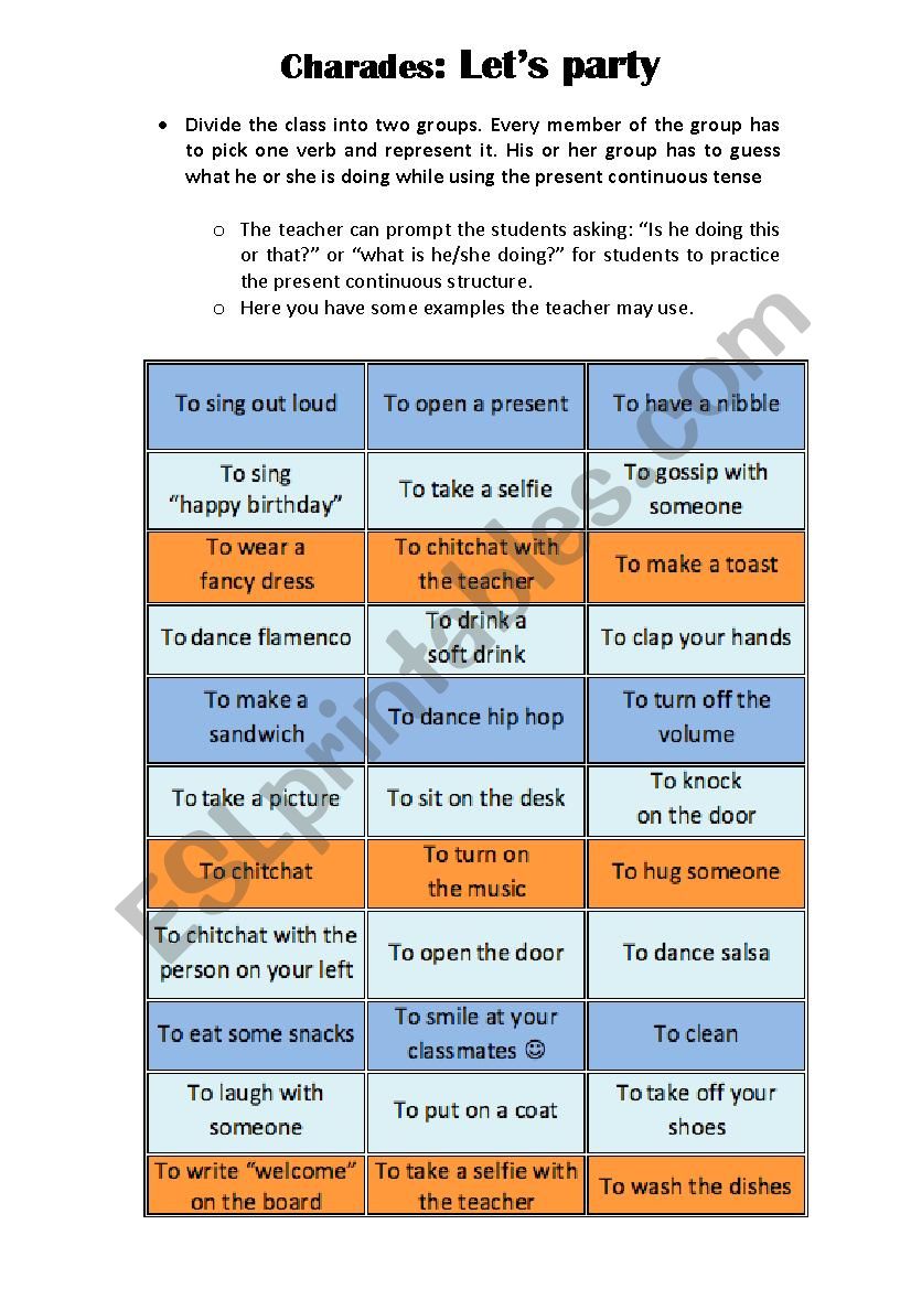 Lets party! Charades to practice present continuous and party vocabulary