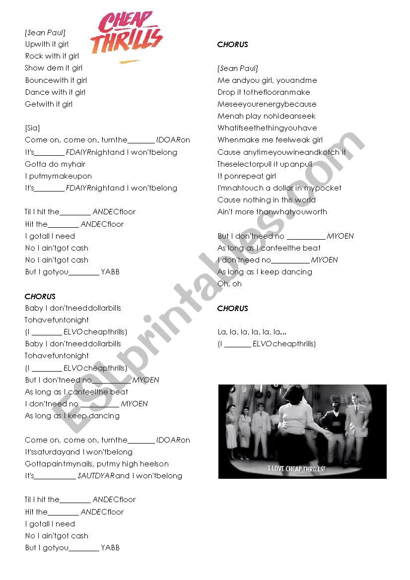 Cheap Thrills - Sia worksheet