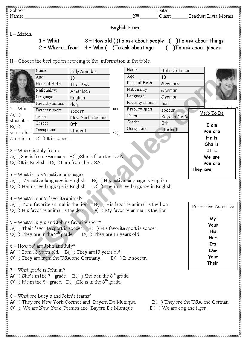 Wh , verb to be and Possessive Adjectives