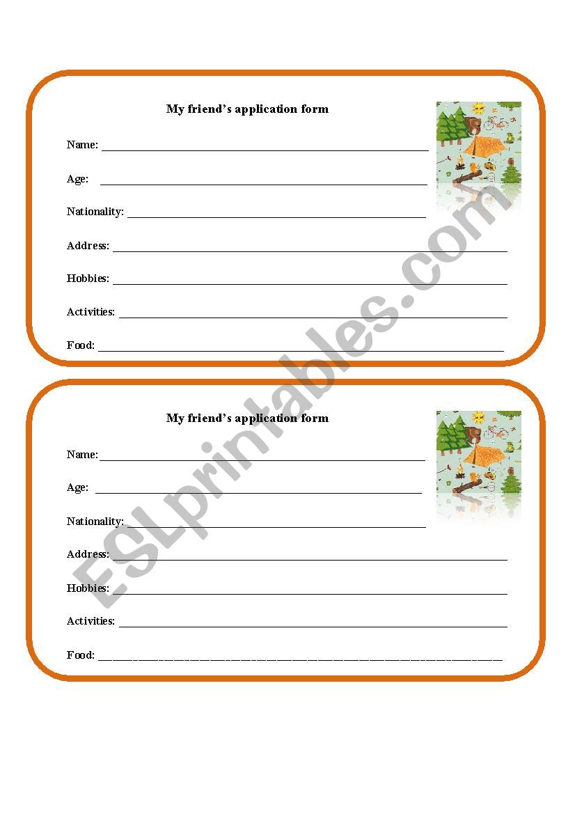 My friend´s application form (for a summer camp) - ESL worksheet by ...