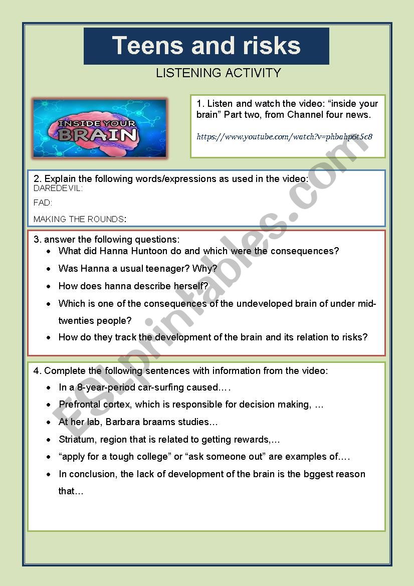 Teens and risks worksheet