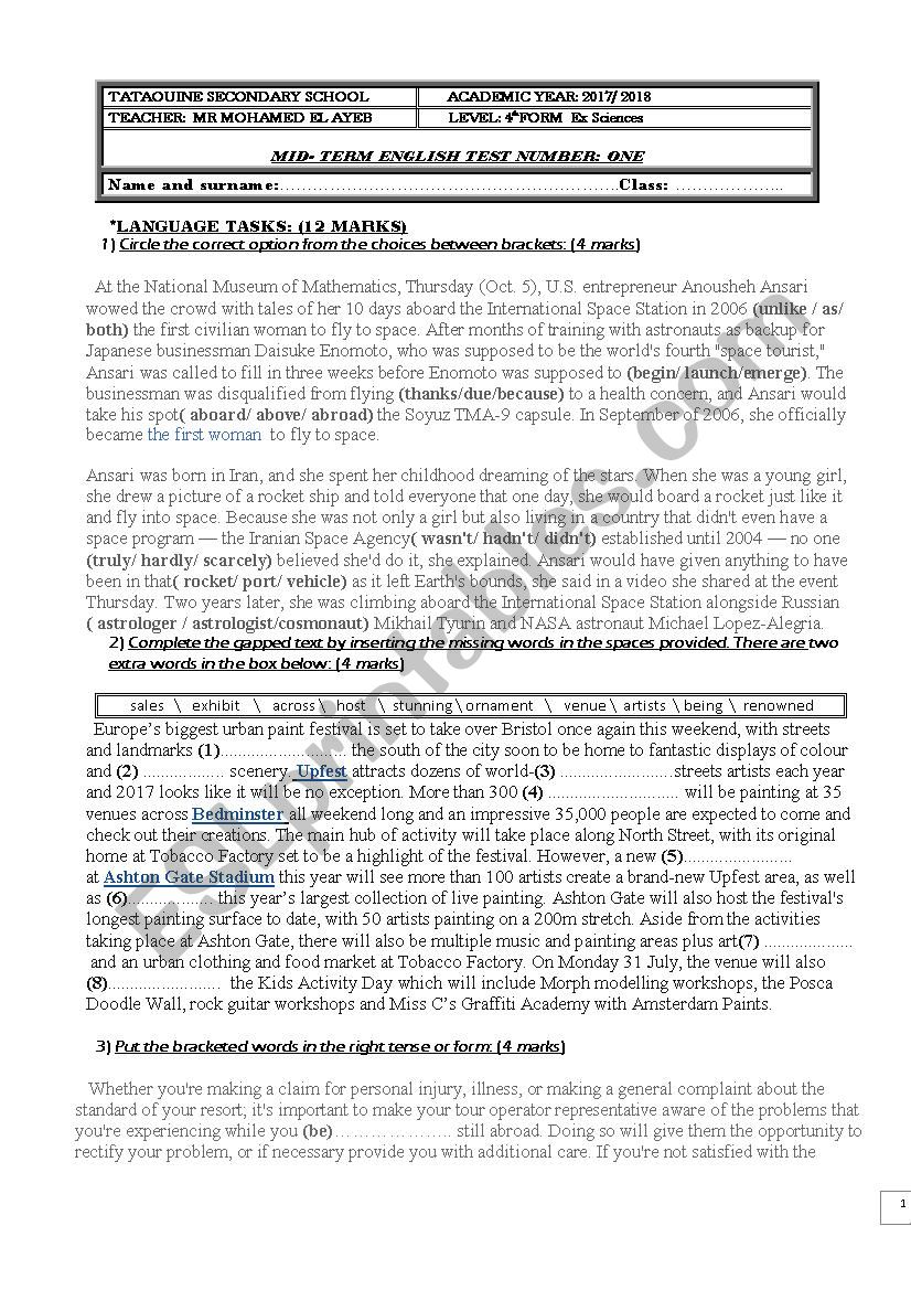 mid semaester1 test 4th form worksheet