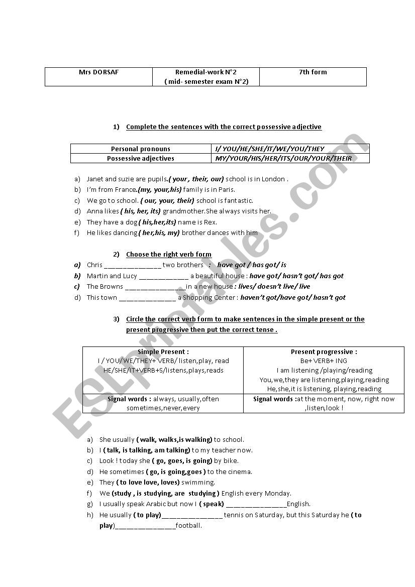 remedial work 7th form/mid semester