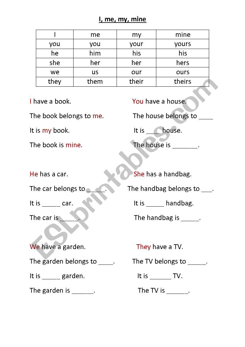 I, me, my, mine worksheet