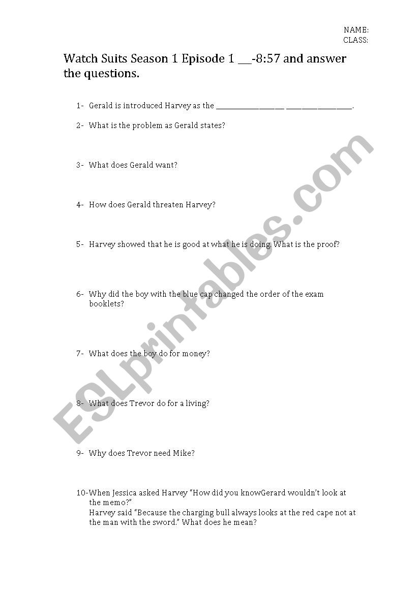 Suits - season 1 episode 1 worksheet