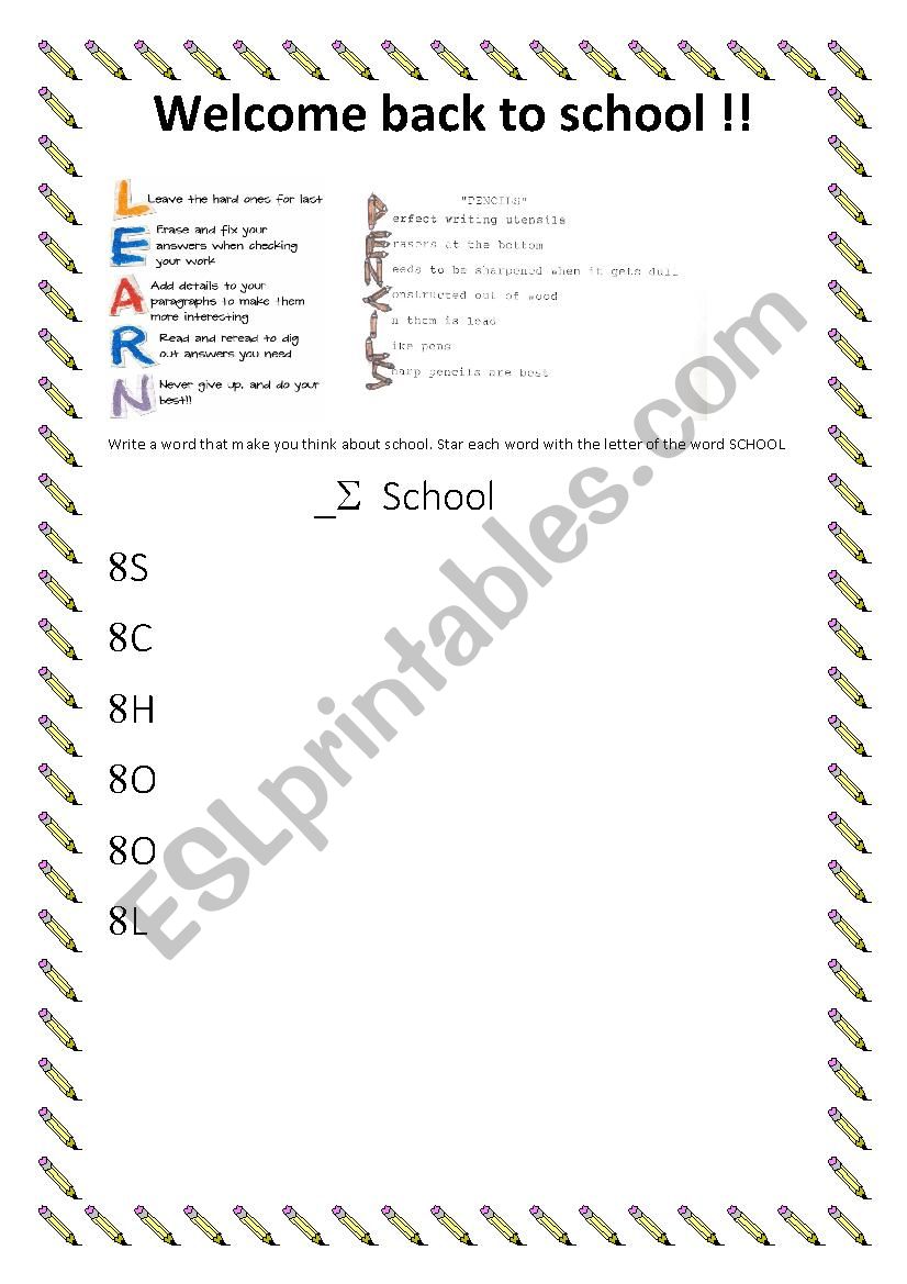 back to school acrostic worksheet