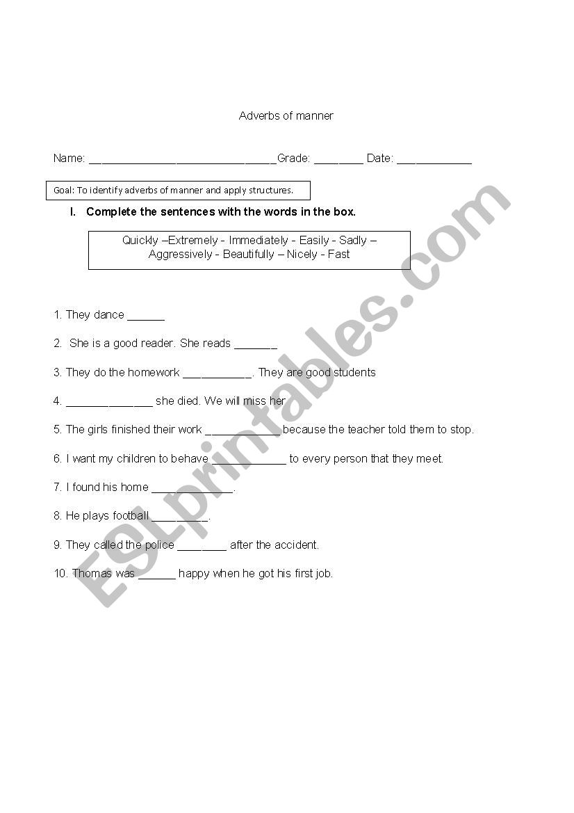 Adverbs of manner worksheet