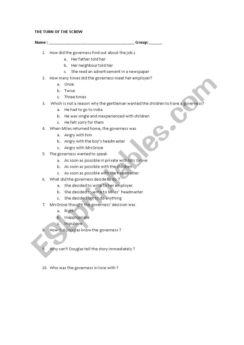 the Turn of the Screw Quiz  worksheet
