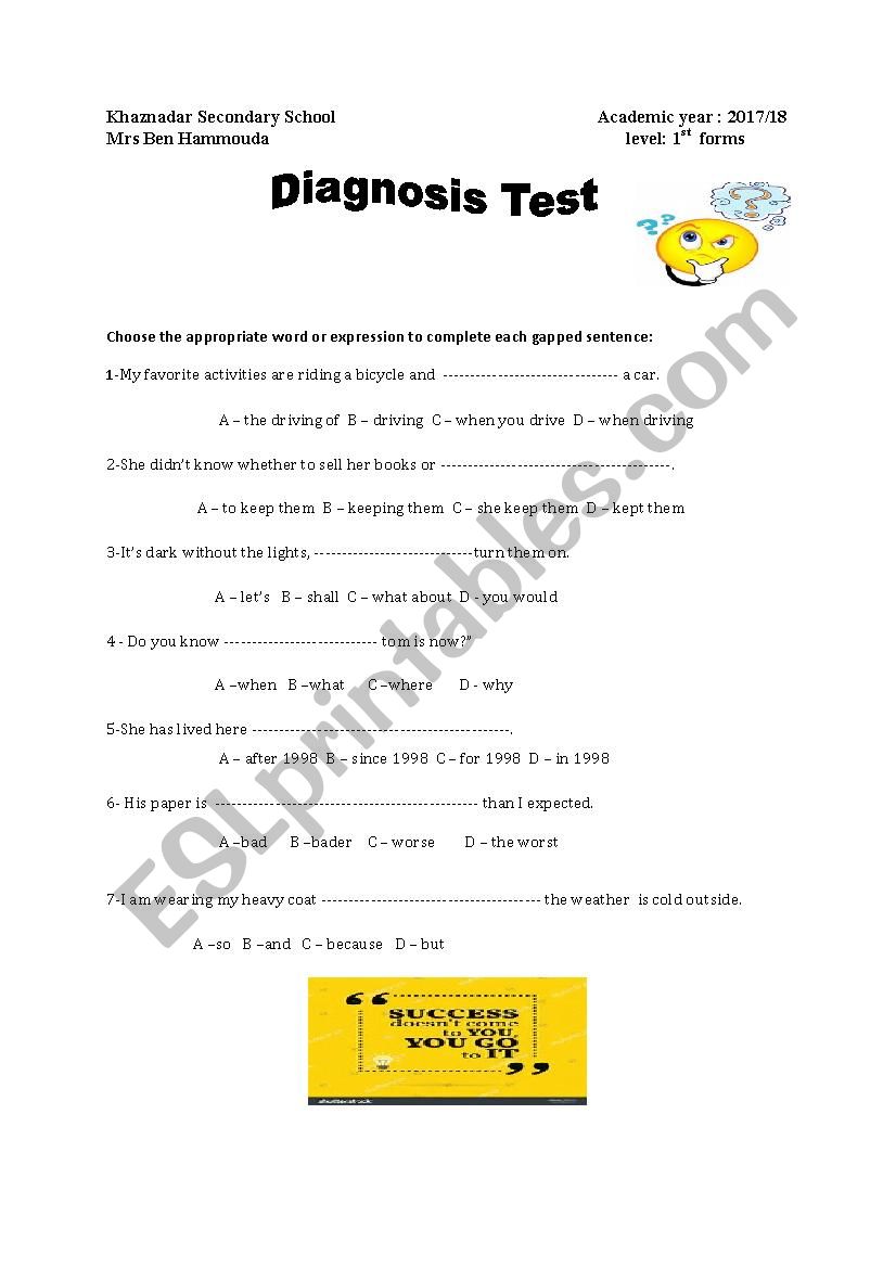 Diagnosis test worksheet