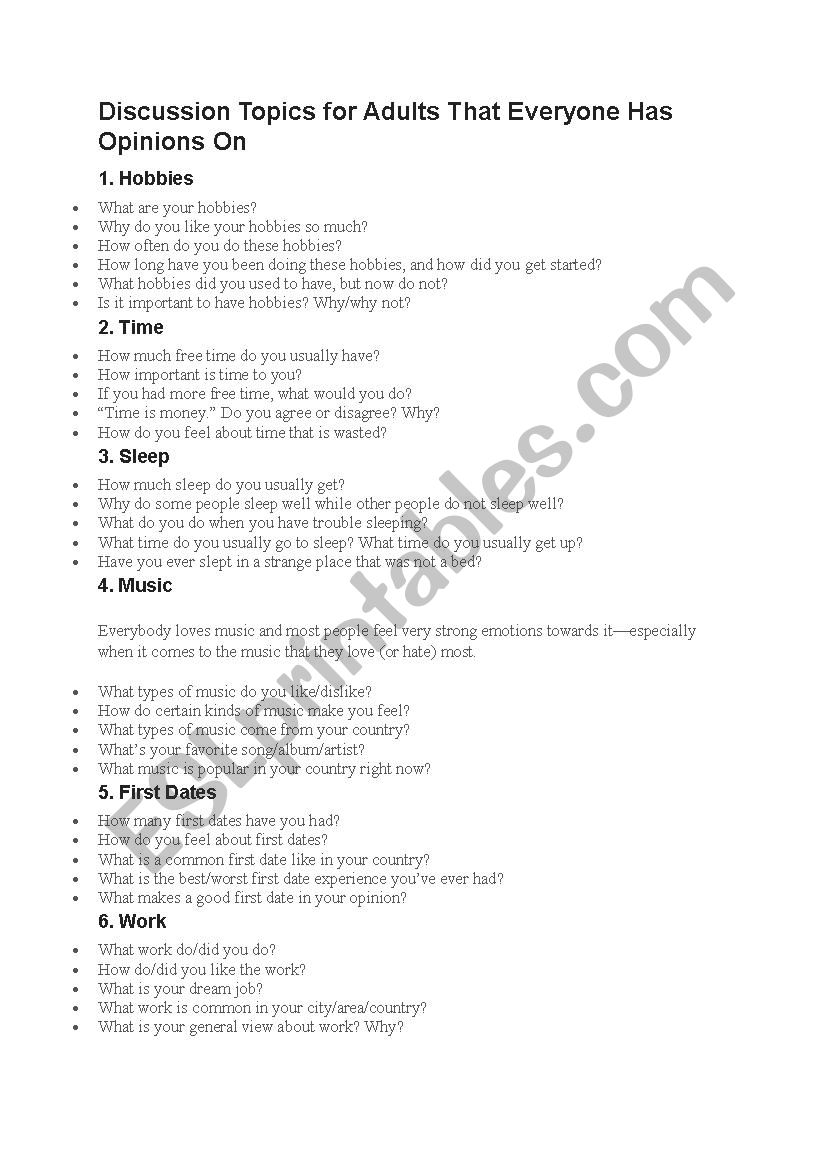 Discussion topics worksheet