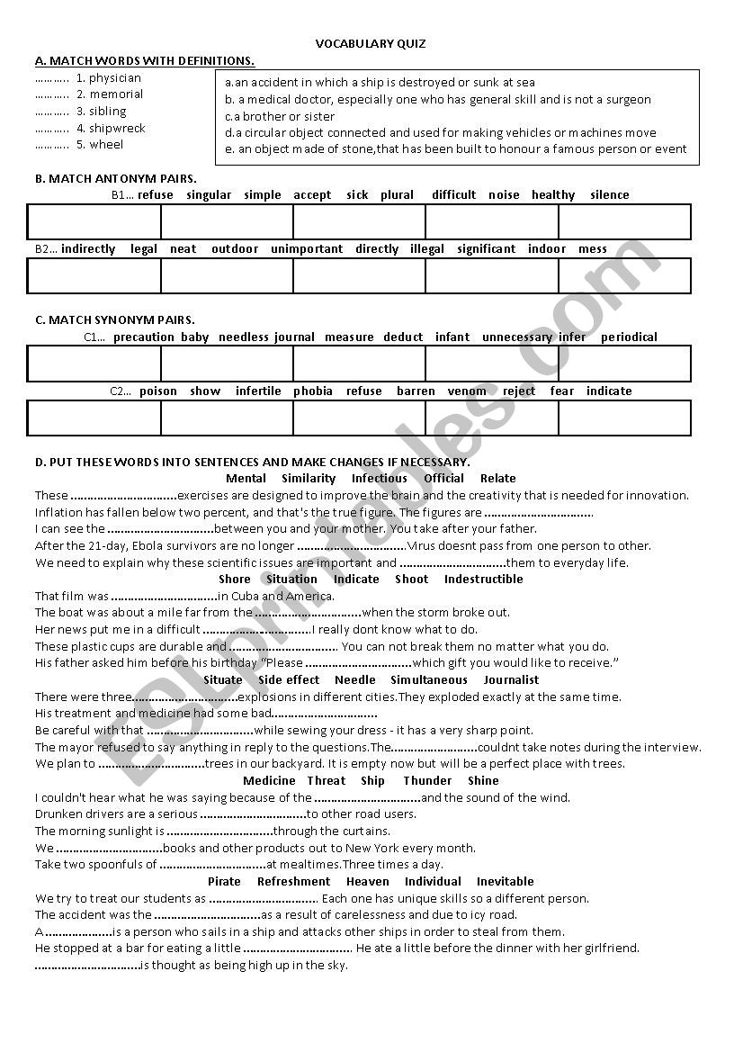 vocabulary quiz worksheet