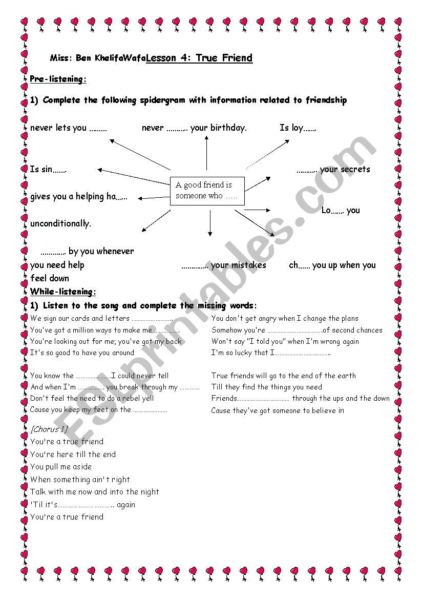 A true friend song  worksheet