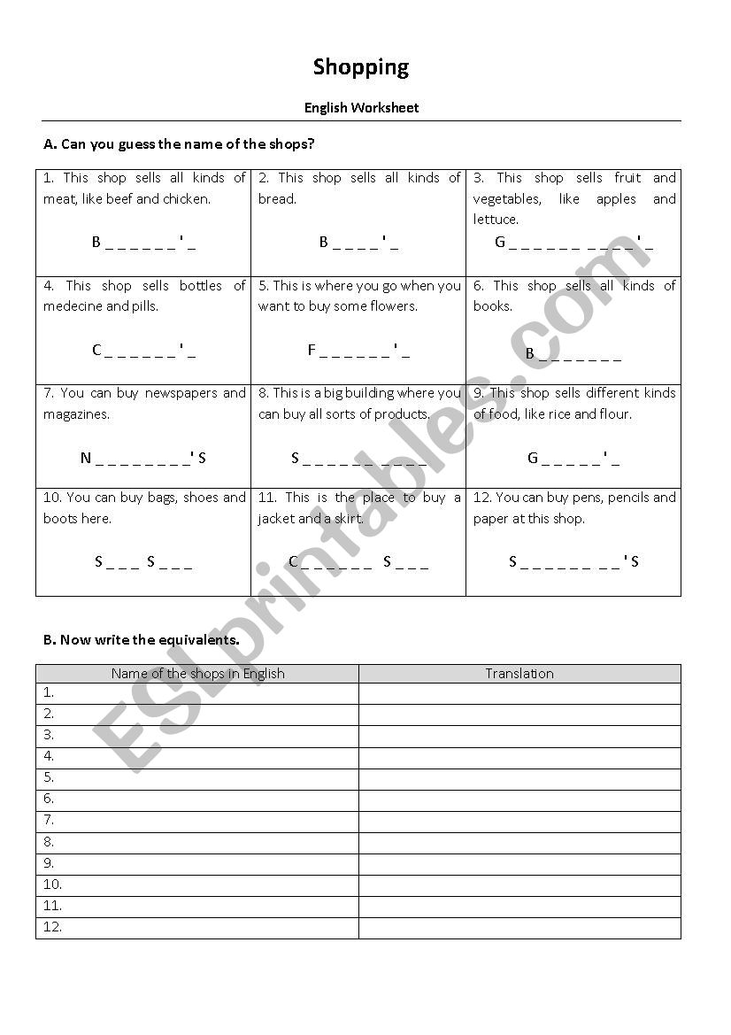 Shopping - vocabulary worksheet