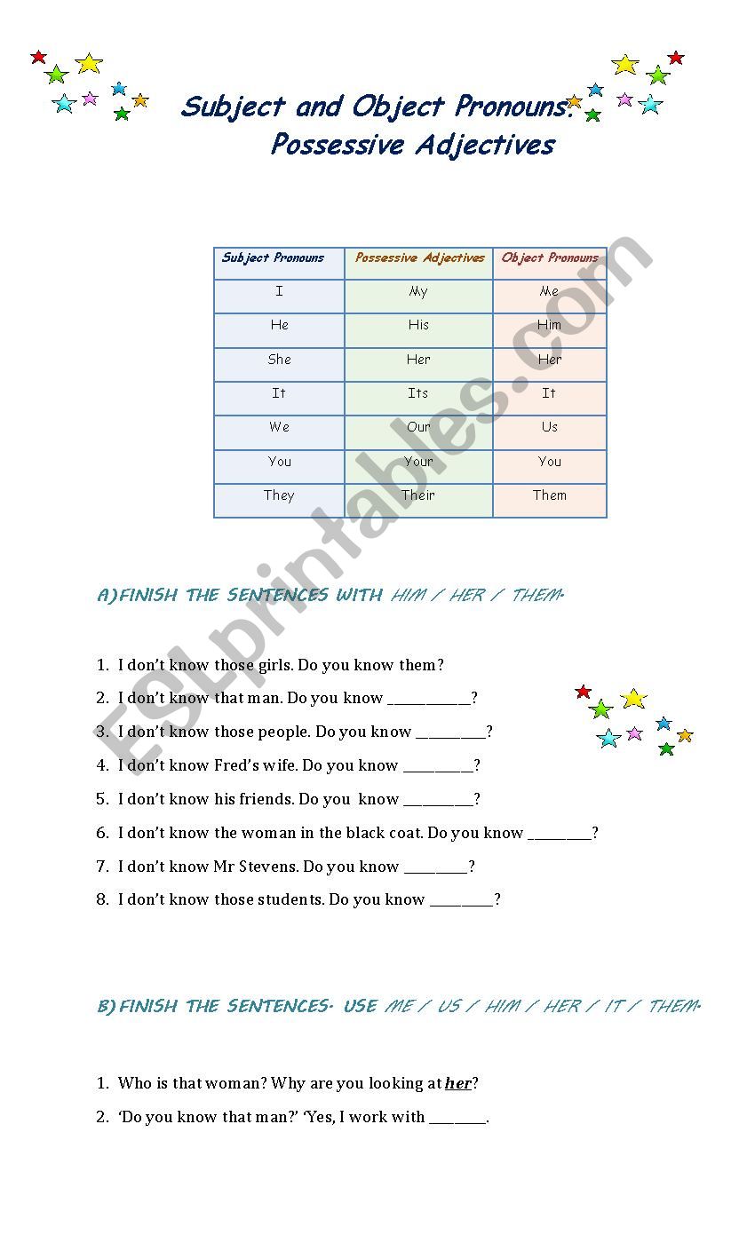 Subject and Object Pronoun worksheet