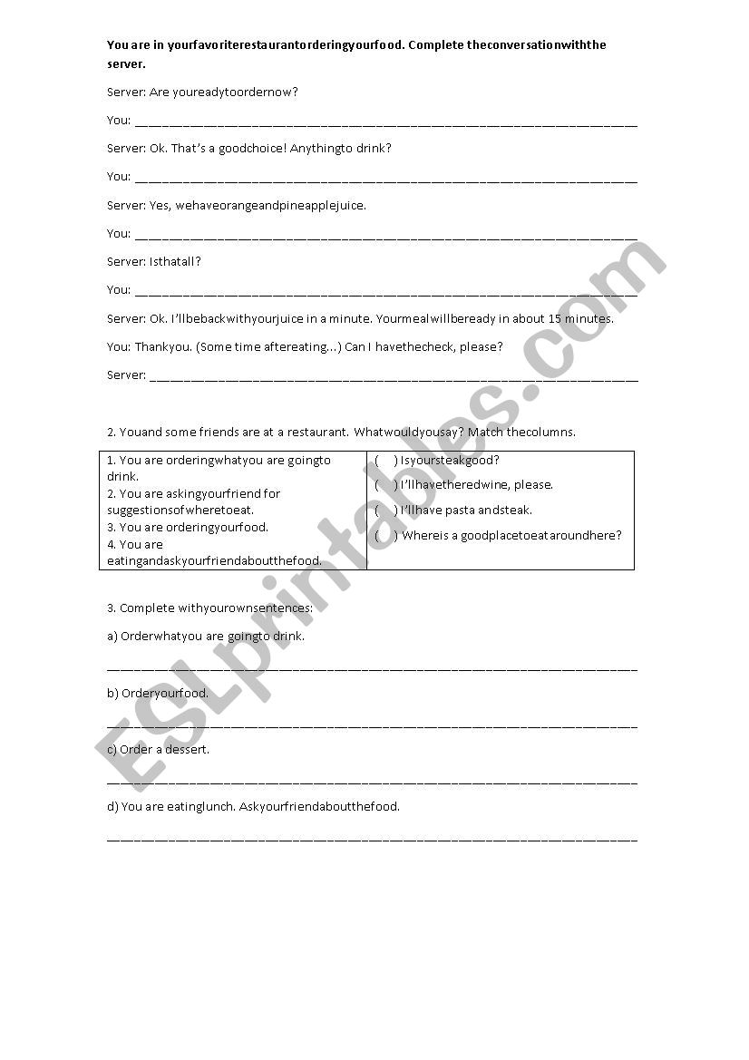 Restaurant worksheet