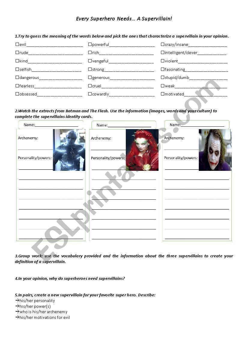 Supervillains worksheet