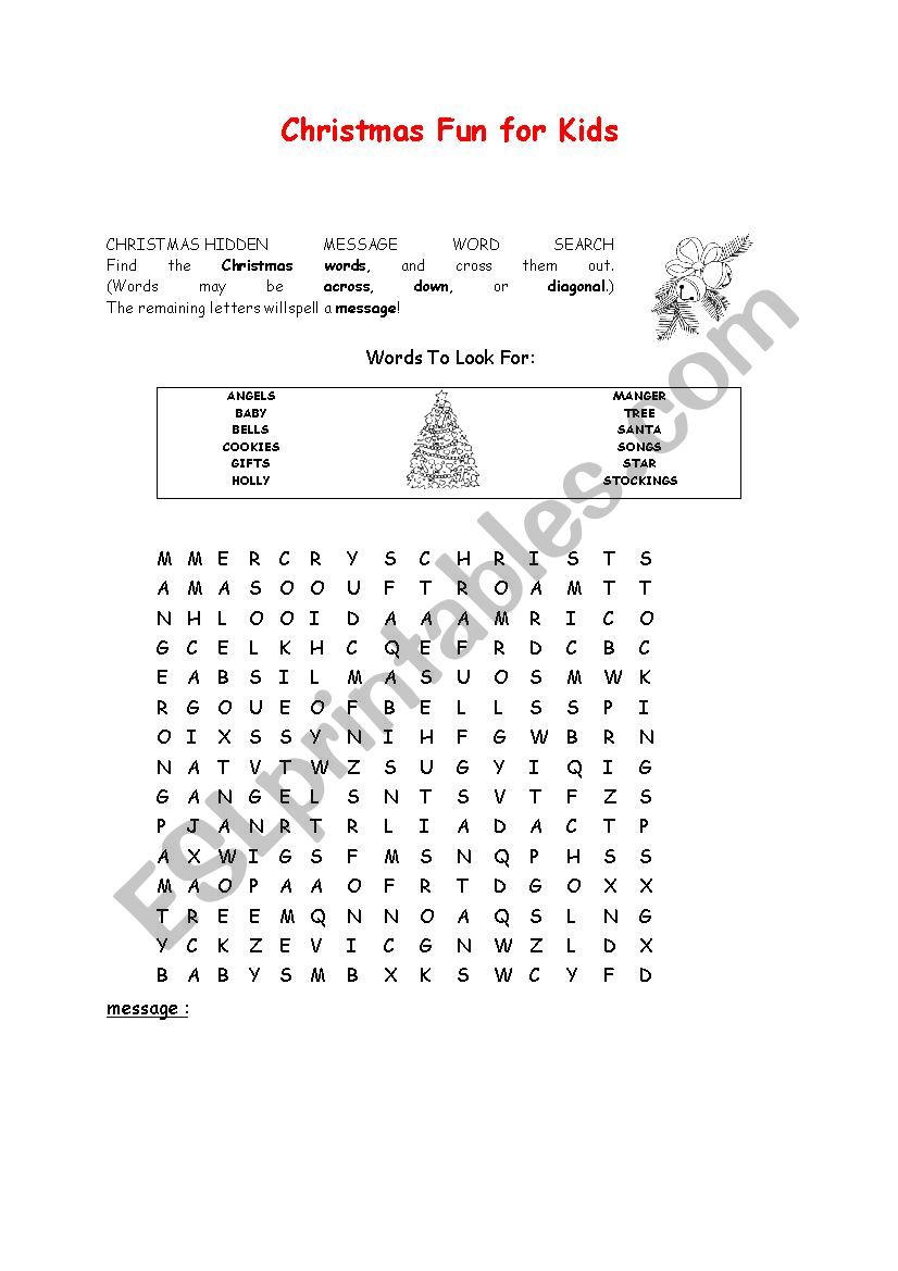 Christmas wordsearch worksheet