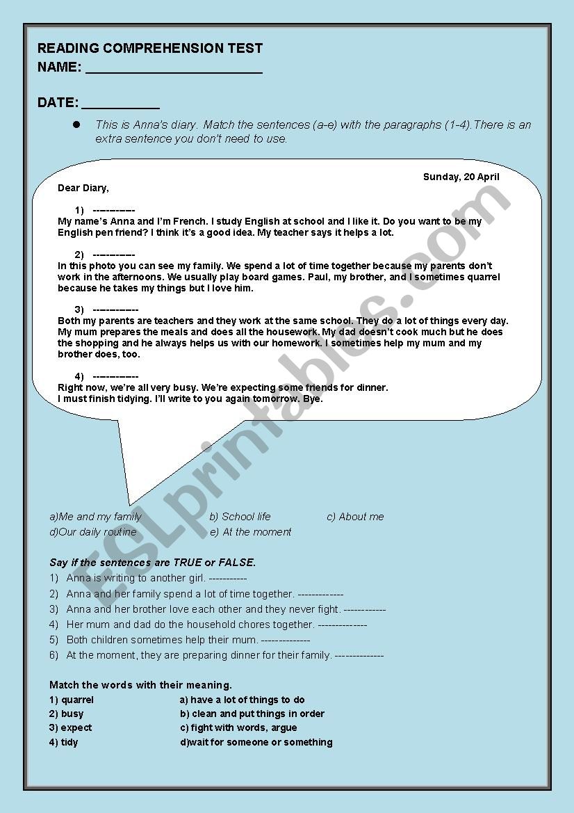 AnnaÂ´s diary worksheet