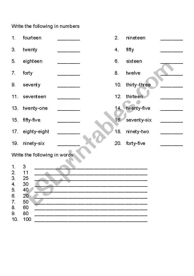 number words to numbers worksheet