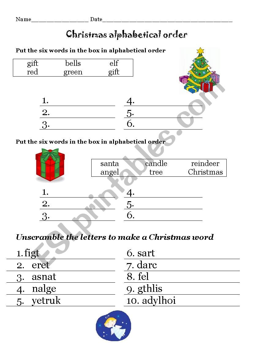 Christmas alphabetical order worksheet
