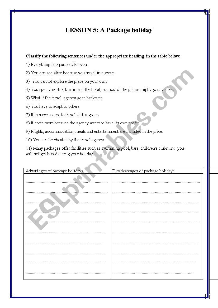 Lesson 5; a package holiday worksheet