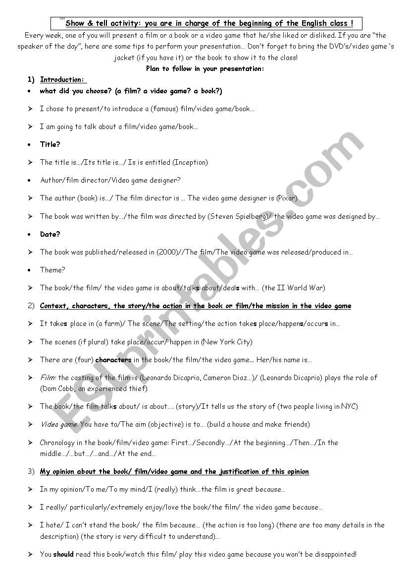 Show and Tell worksheet