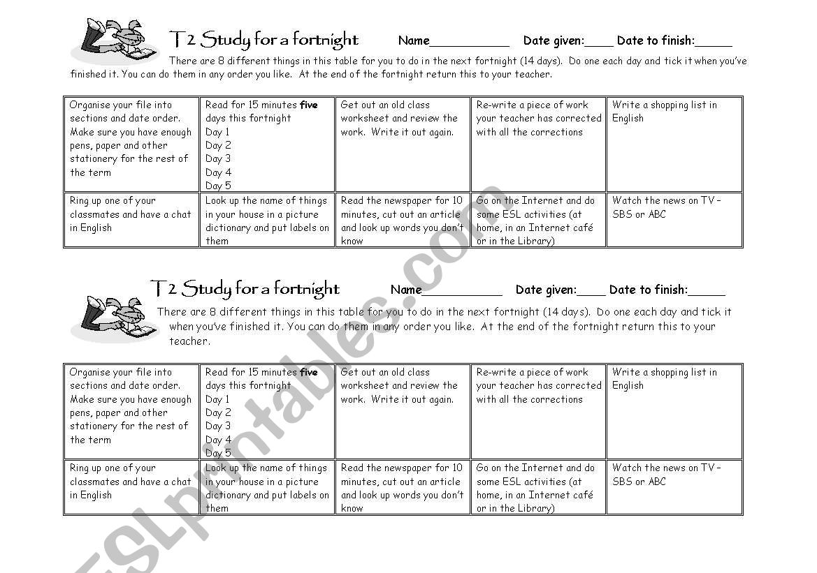 Study for a Fortnight Activity Card