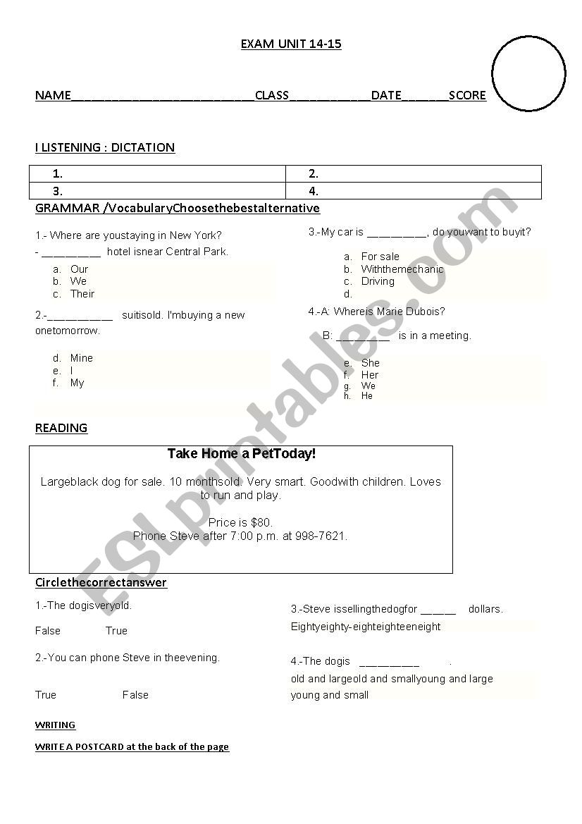 exam for sale worksheet