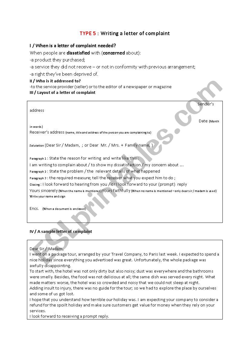 Writing a letter of complaint worksheet