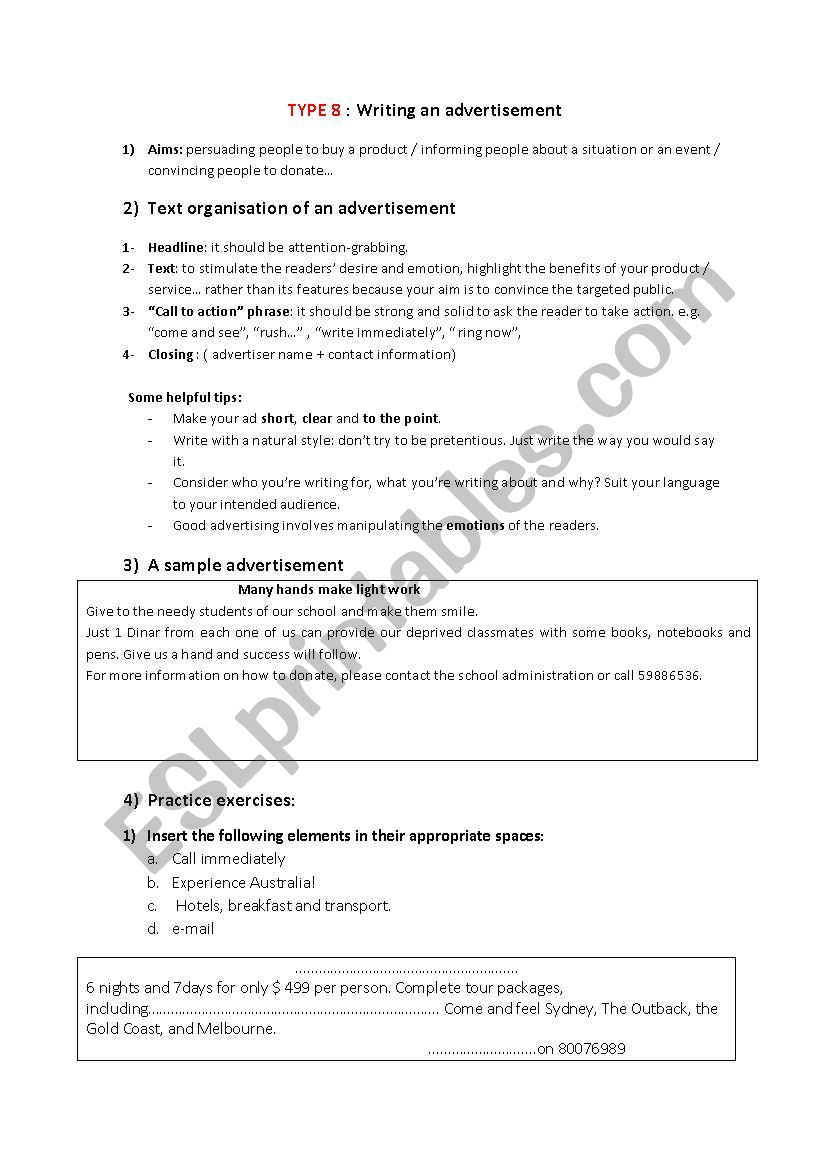 Writing an advertisement worksheet