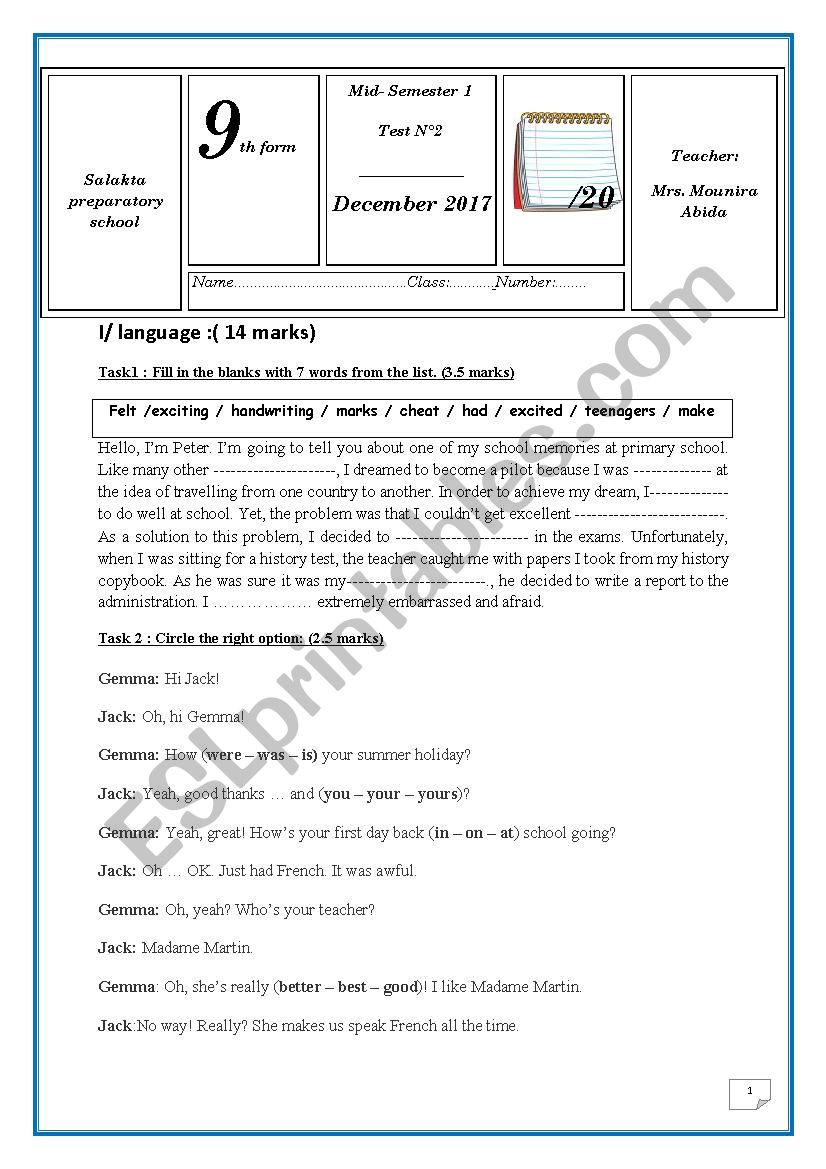 Mid-Semester 1 Test N 2 ( 9 th form)