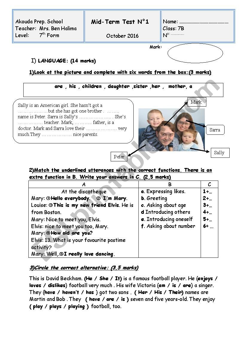 Mid Test N1 for 7th forms worksheet