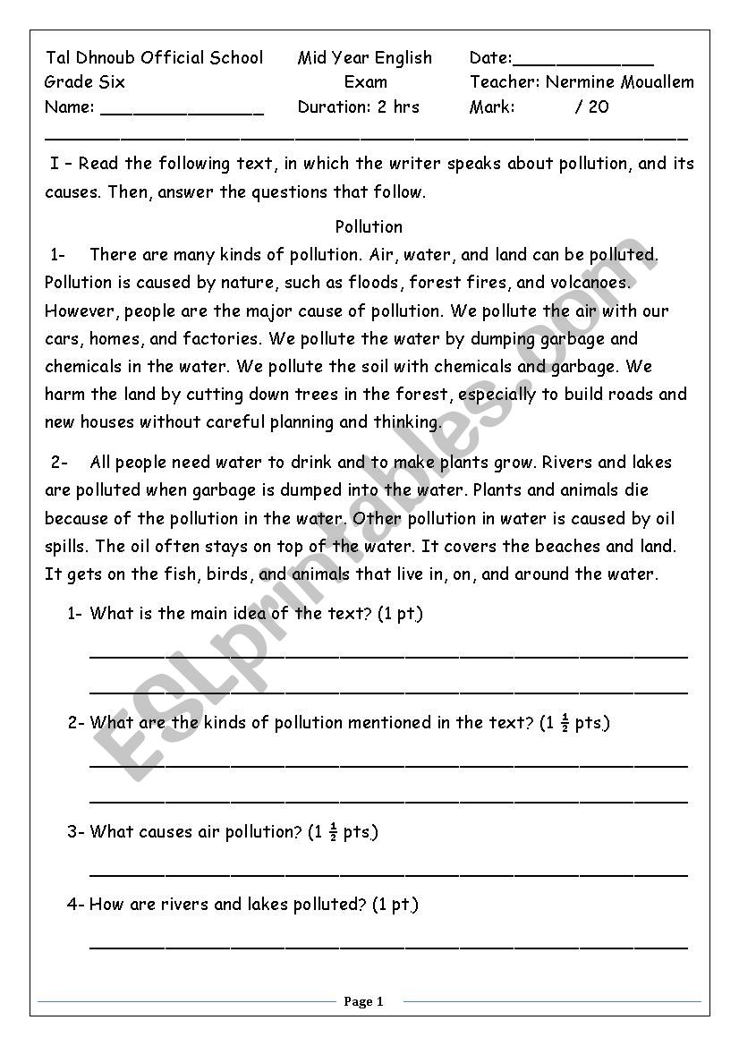 Pollution worksheet