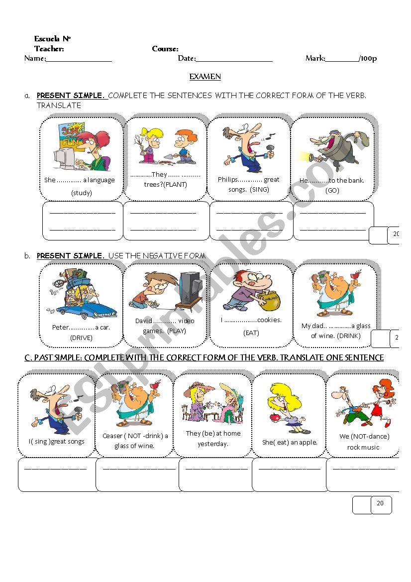 exam about different tenses worksheet