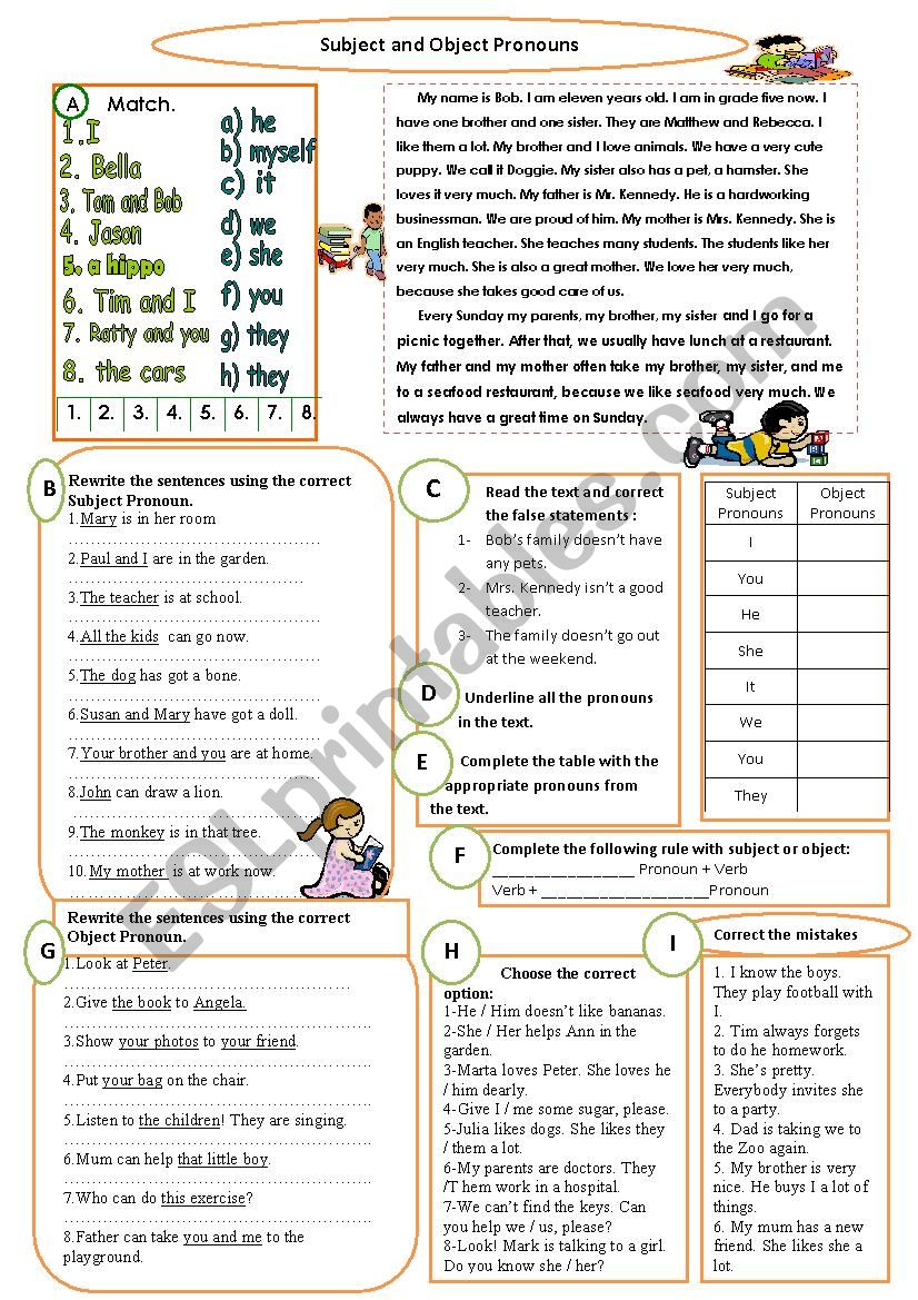 Subject and Object Pronouns worksheet