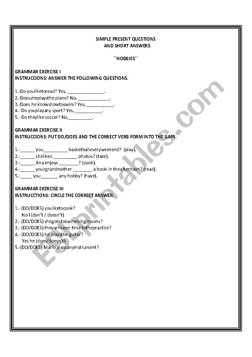 simple present questions worksheet