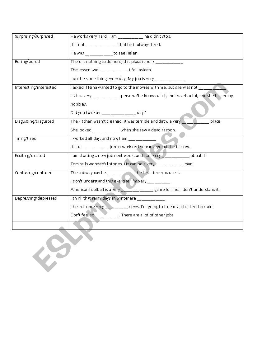 adjectives -ing -ed worksheet