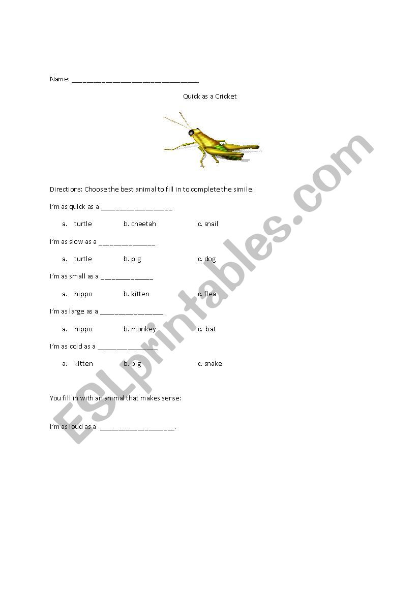 Quick as a cricket exercise worksheet