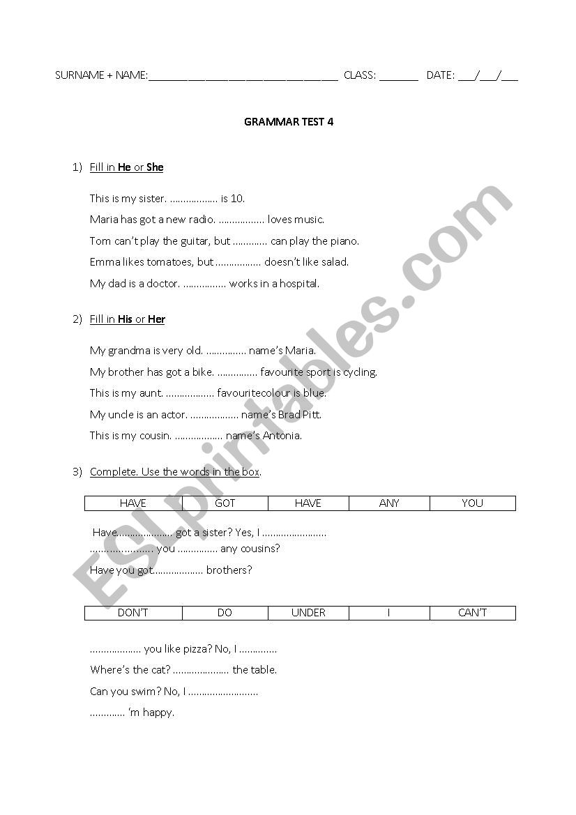 Grammar test worksheet