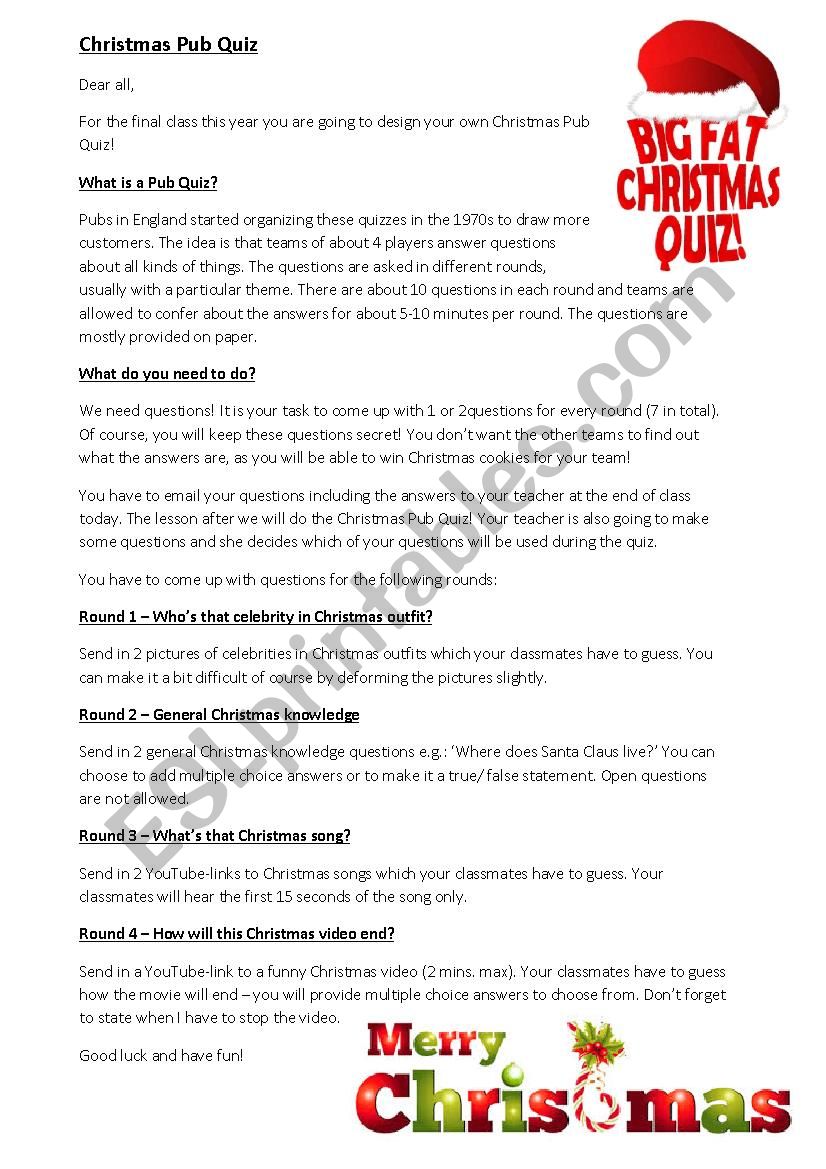 Christmas Pub Quiz worksheet