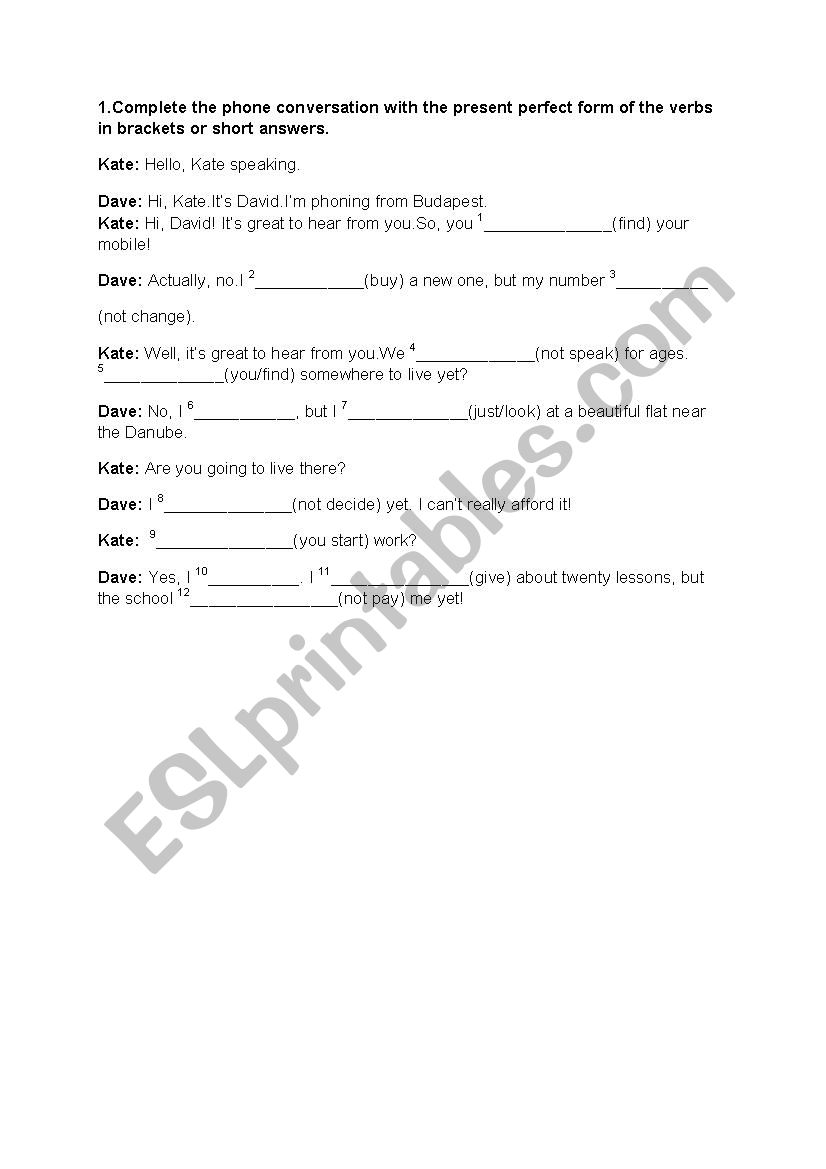 present perfect worksheet