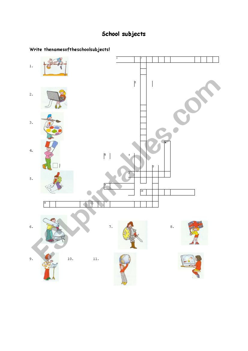 School subjects crossword worksheet